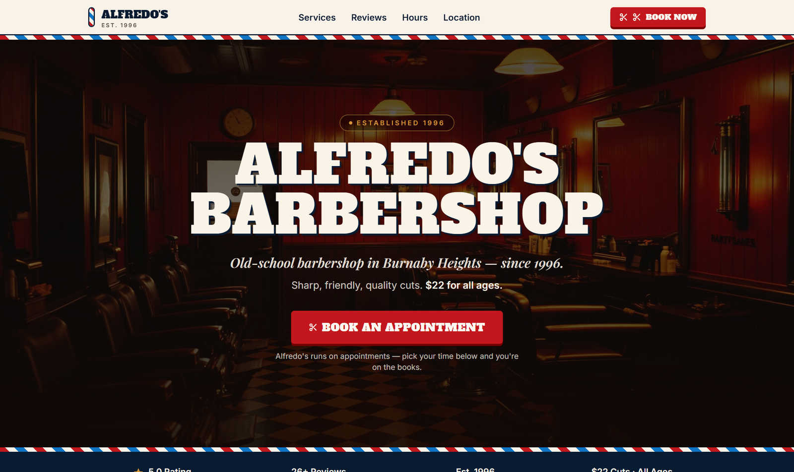 Alfredo's Barbershop homepage — old-school hero with booking button