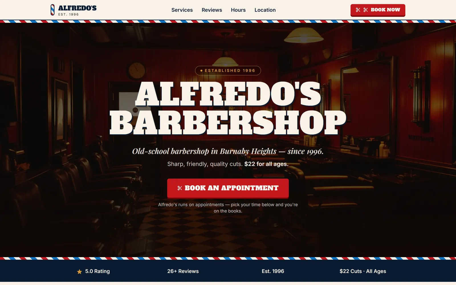 Alfredo's Barbershop homepage — old-school hero with a booking button