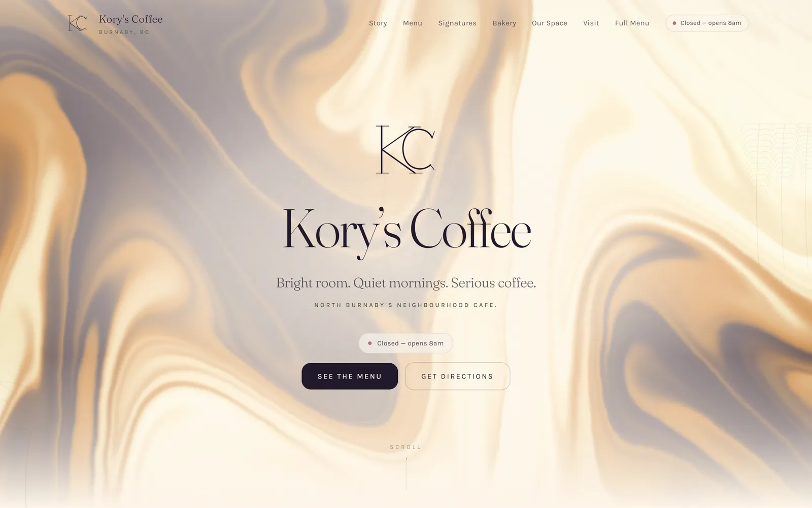 Kory's Coffee homepage — flowing cream-and-gold liquid behind a serif wordmark