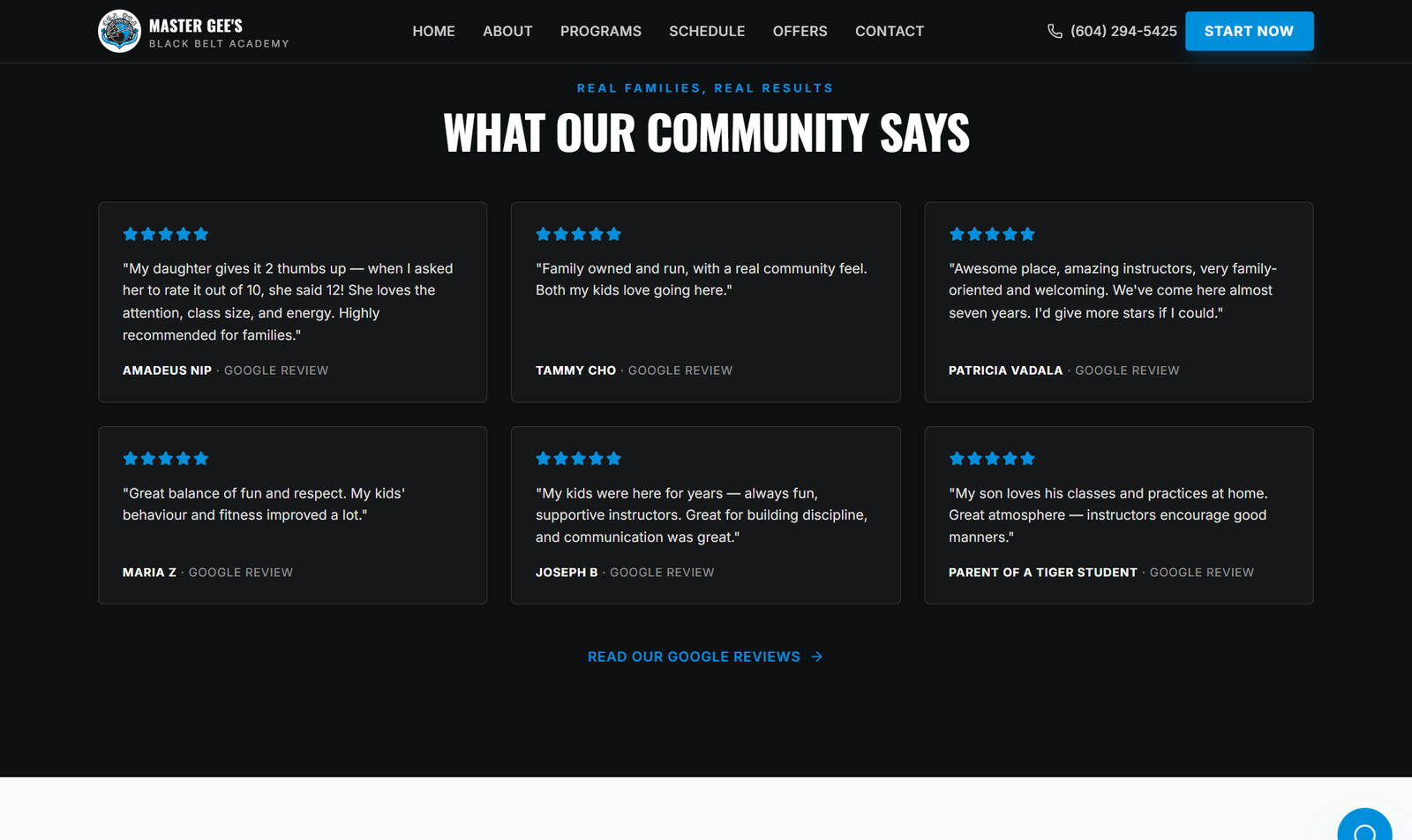 Master Gee's community testimonials section