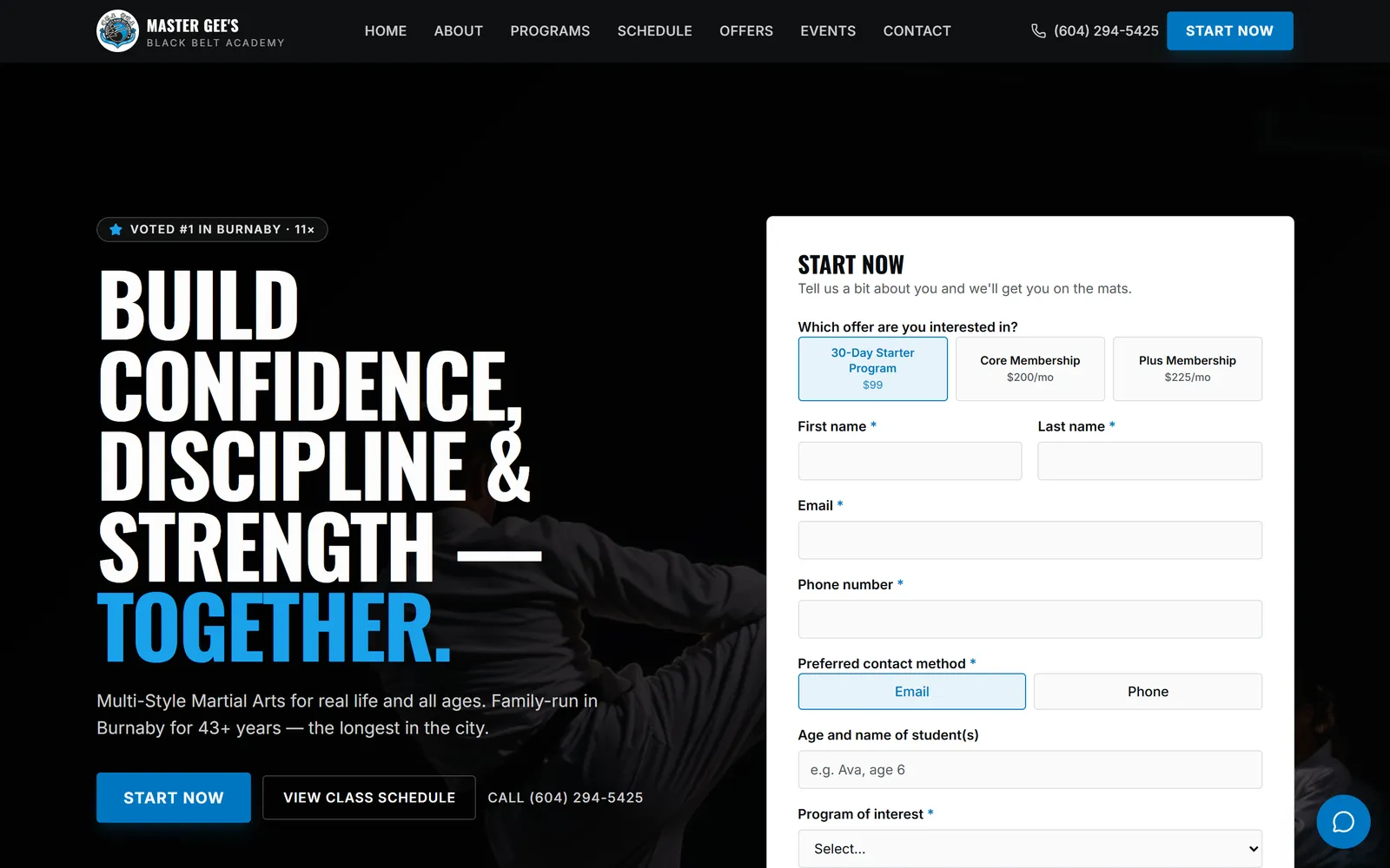 Master Gee's homepage — bold hero headline beside a start-now signup form