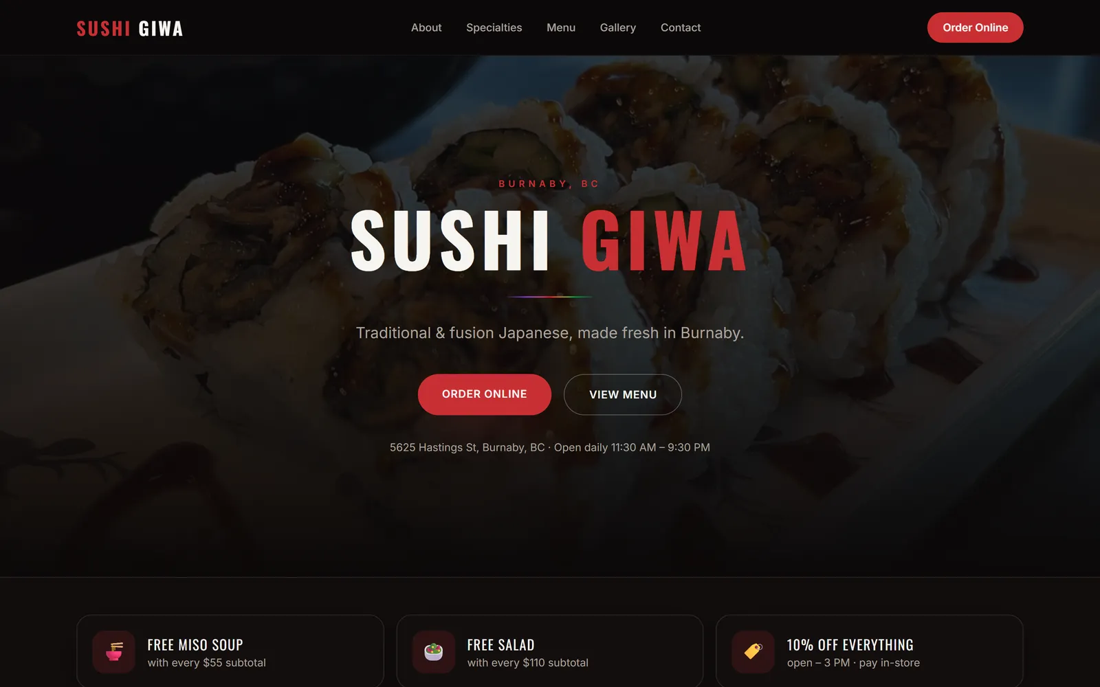 Sushi Giwa homepage with the restaurant name over a dark, warm interior